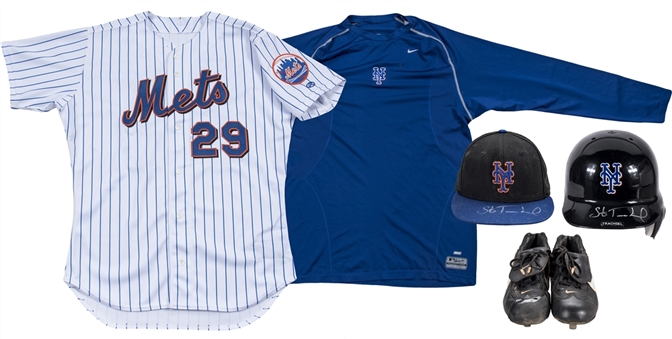 Lot of (5) Steve Trachsel Game Used New York Mets Jersey, Undershirt, Cap, Batting Helmet & Cleats (Steiner, Beckett) 